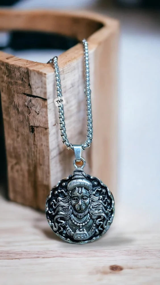 Hanuman Ji Pendant Oxidised Silver Chain